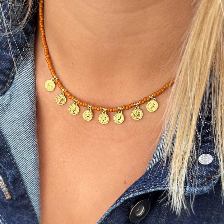 Miyuki necklace with gold coins cognac