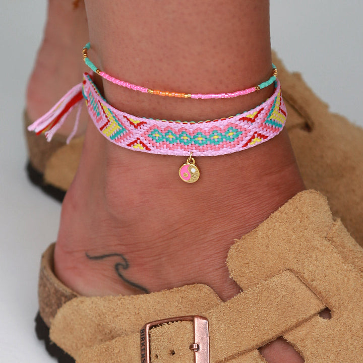 Enkelbandje cotton yin yang pink