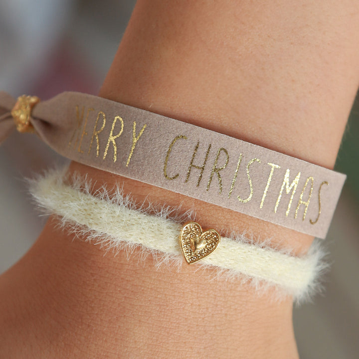 Suède armbandje Merry Christmas beige